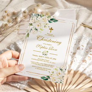 White Flowers & Gold Frame Girl Christening Invitation