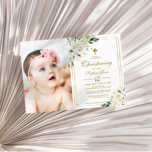 White Flowers & Gold Frame Photo Girl Christening Invitation