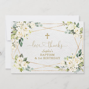 White Flowers Gold Girl 1st Birthday Baptism Thank You Card