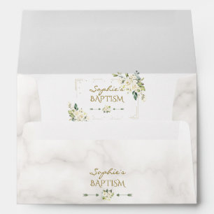 White Flowers Gold Glitter Frame Marble Baptism Envelope