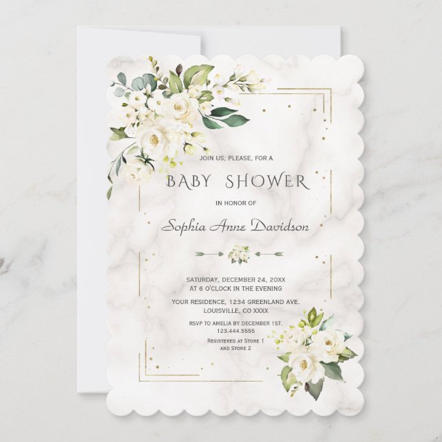 White Flowers Gold Glitter Marble Baby Shower Invitation (Front)