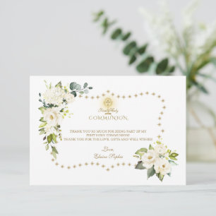 White Flowers Gold Glitter Sparkles Holy Communion Thank You Card