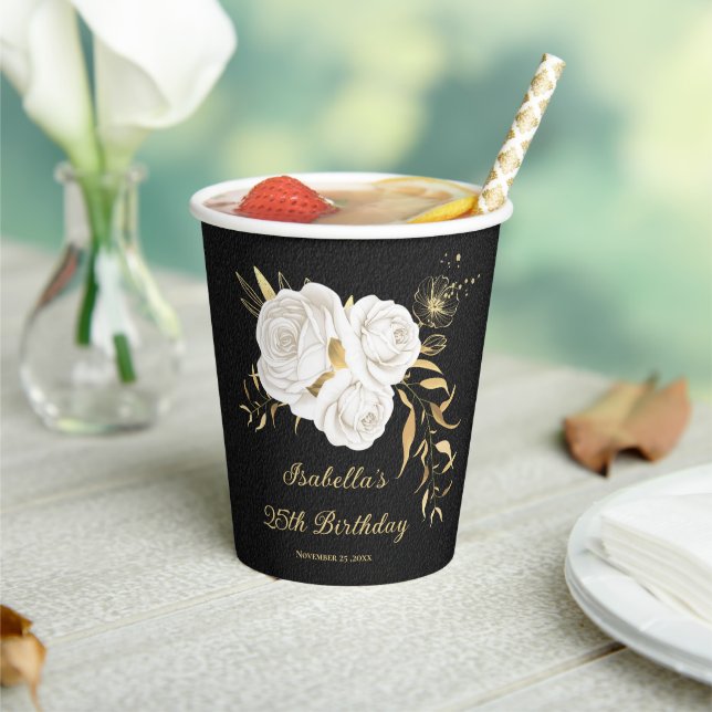 white flowers gold leaves black paper cups (Insitu)