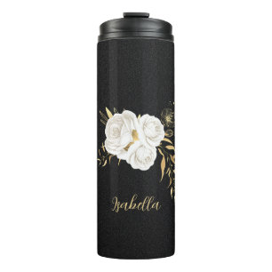 white flowers gold leaves black thermal tumbler