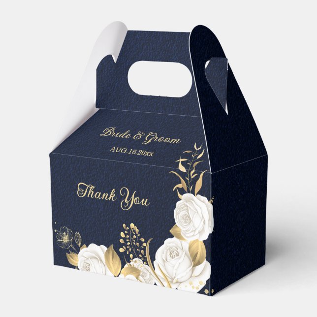 white flowers gold leaves navy blue wedding favour box (Front Side)