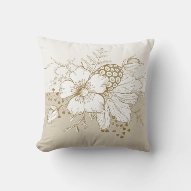 White flowers gold outline accents cushion (Front)