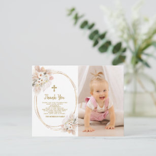 White Flowers Gold Photo Girl Baptism 1st Birthday Thank You Card