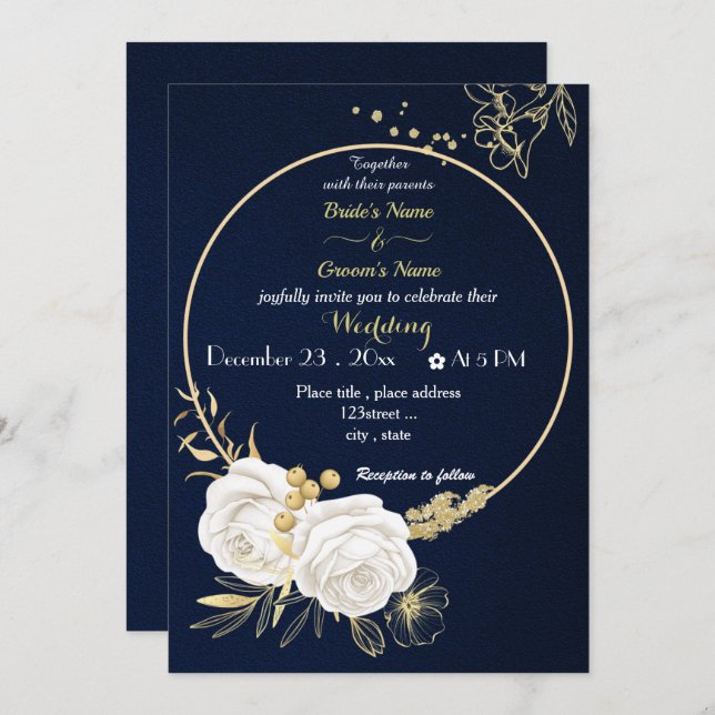 white flowers gold wreath navy wedding  invitation (Front/Back)