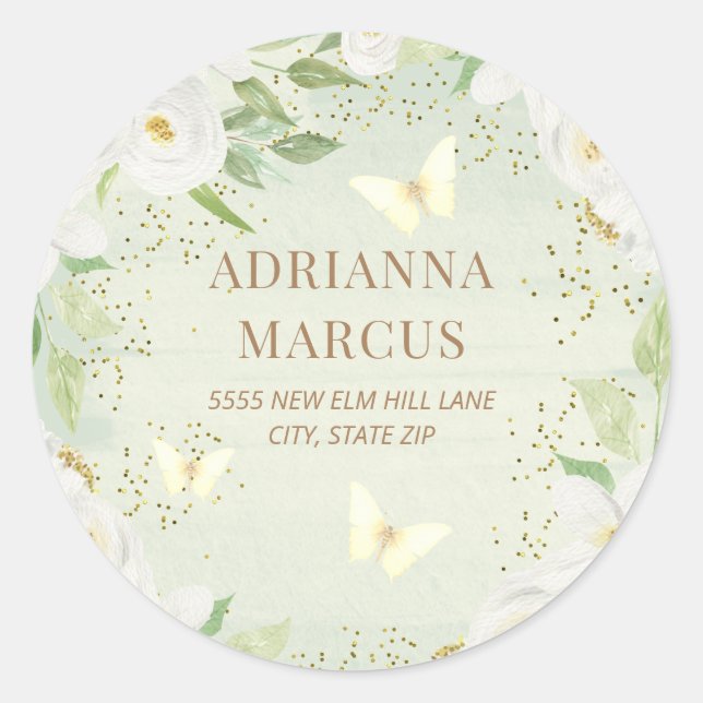 White Flowers Green Backyard Baby Shower Address Classic Round Sticker (Front)
