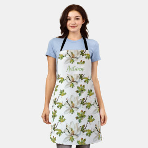 White Flowers Green Leaves All-Over Print Apron