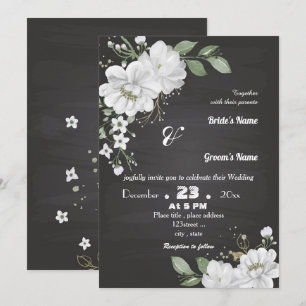 white flowers green leaves black invitation