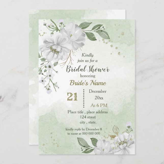 white flowers & green leaves bridal shower  invitation (Front/Back)