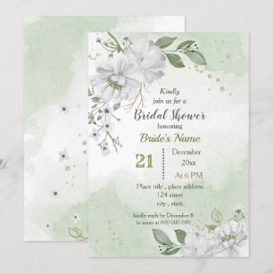 white flowers & green leaves bridal shower invitation
