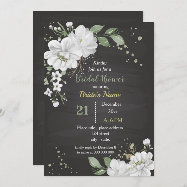 white flowers & green leaves bridal shower invitation (Front/Back)