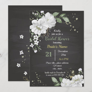 white flowers & green leaves bridal shower invitation