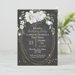 white flowers & green leaves oval birthday invitation