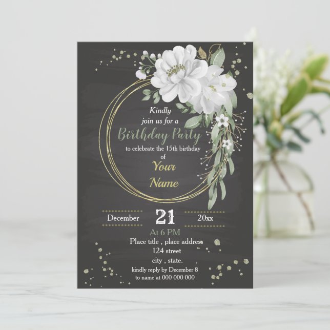 white flowers & green leaves wreath birthday invitation (Standing Front)