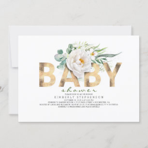 White Flowers Greenery and Gold Foil Baby Shower Invitation