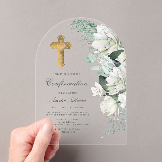 White Flowers Greenery Arch Confirmation Acrylic Invitations (Insitu (Handheld))