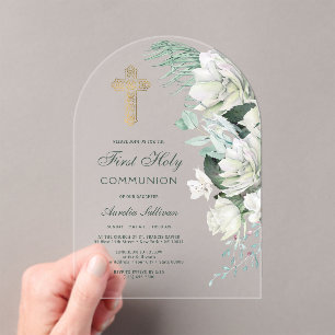 White Flowers Greenery Arch First Communion Acrylic Invitations