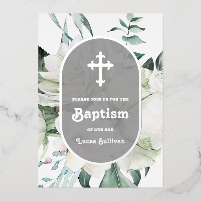 White Flowers Greenery Baptism Foil Invitation (Front)