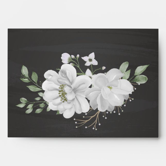 white flowers greenery black wedding envelope (Front)