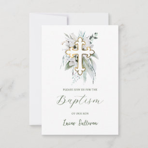 White Flowers Greenery Bouquet Baptism Invitation