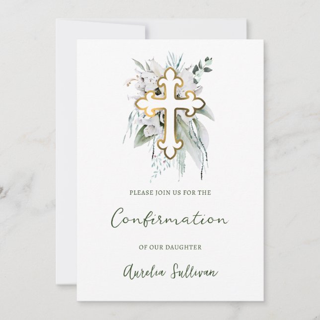 White Flowers Greenery Bouquet Confirmation Invitation (Front)