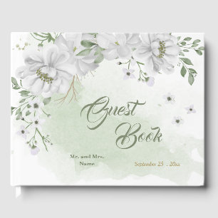 white flowers greenery gold  guest book