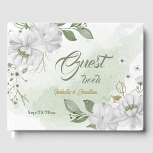 white flowers greenery gold  guest book