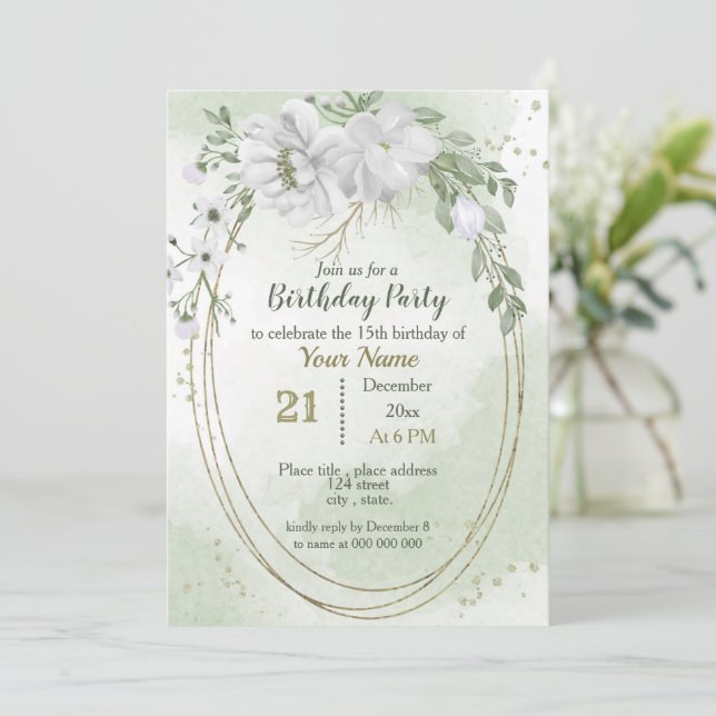 white flowers greenery gold oval birthday invitation (Standing Front)