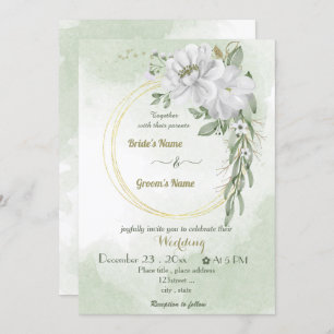 white flowers greenery gold wreath wedding invitation