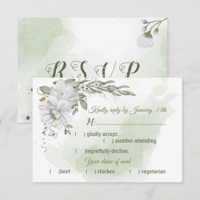 white flowers greenery meal choice  RSVP card (Front/Back)