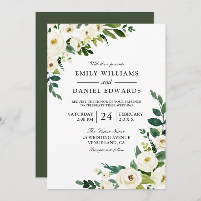 White Flowers Greenery Modern Wedding Invitation (Front/Back)
