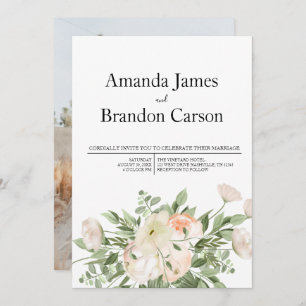 White Flowers  Greenery Succulent Wedding Photo Invitation