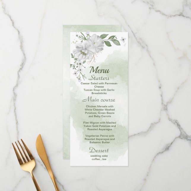 white flowers greenery wedding menu (Front/Back In Situ)