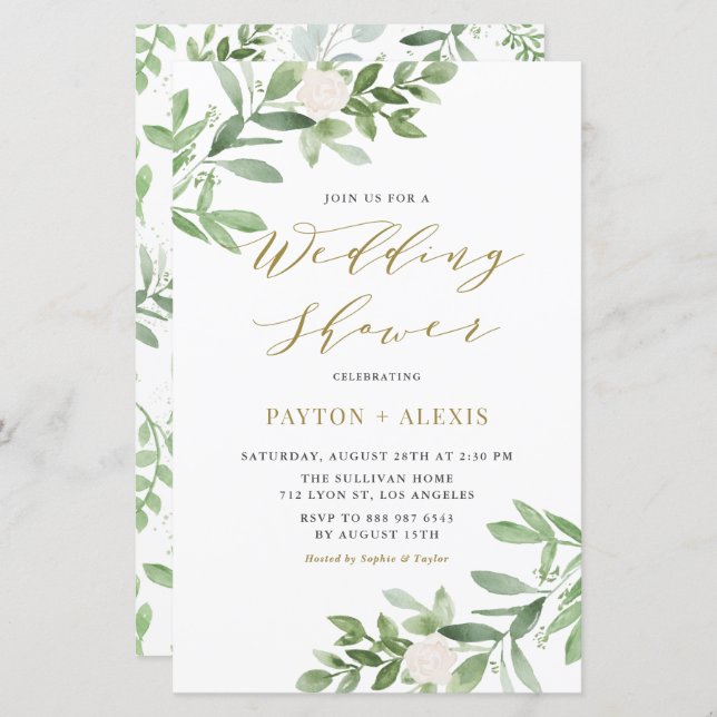 White Flowers Greenery Wedding Shower Invitation (Front/Back)