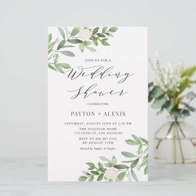 White Flowers Greenery Wedding Shower Invitation (Standing Front)