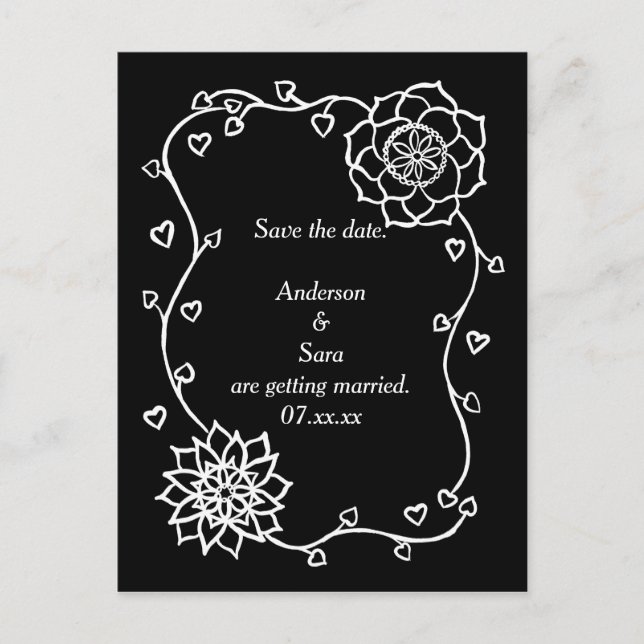 White Flowers Hearts Black Save the date Postcards (Front)