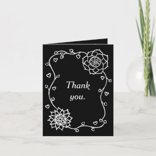 White Flowers Hearts Black Thank you Cards