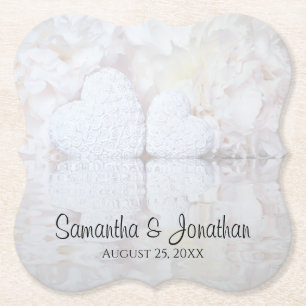 White Flowers & Hearts Reflections Wedding Paper Coaster