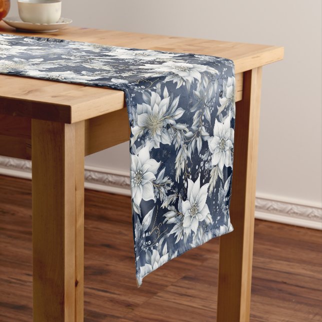 White Flowers & Holly Berries Short Table Runner (In Situ)
