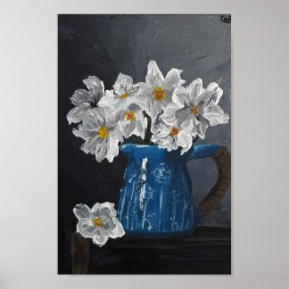 White flowers in a blue pitcher poster