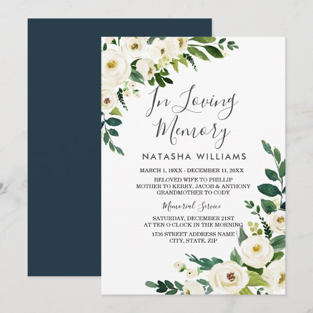 White Flowers In Loving memory memorial Invitation (Front/Back)