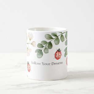 White Flowers Ladybugs Coffee Mug