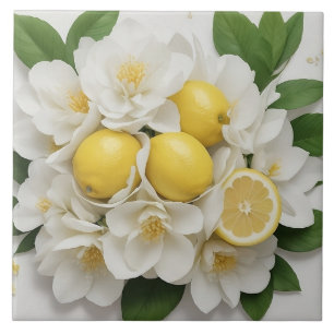 White Flowers, Lemons & Green Leaves on White Ceramic Tile