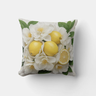 White Flowers, Lemons & Green Leaves on White Cushion