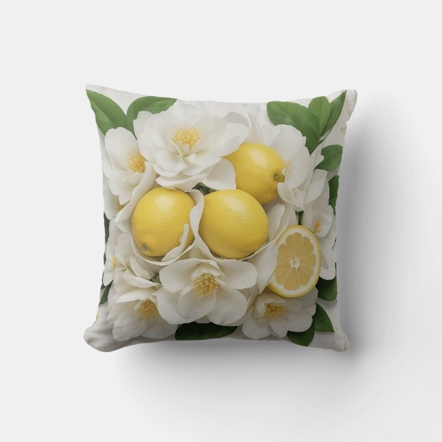 White Flowers, Lemons & Green Leaves on White Cushion (Front)