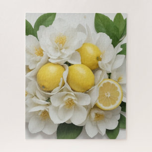 White Flowers, Lemons & Green Leaves on White Jigsaw Puzzle