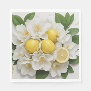 White Flowers, Lemons & Green Leaves on White Napkin